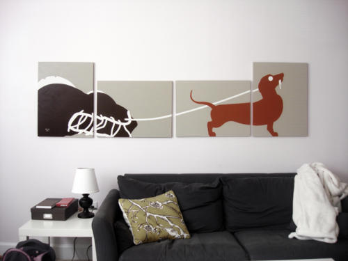 Red dachshund modern abstract painting for sale by Ricky Colson