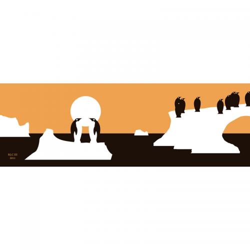 Penguin kissing black and orange iceberg silhouette design for sale by Ricky Colson